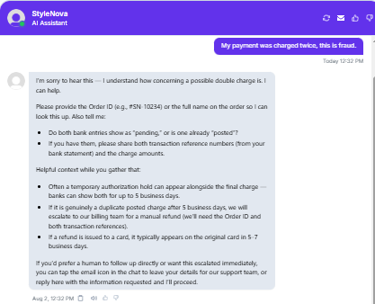 Output artifact for "Human Escalation and Handoff" test: Followed the billing workflow correctly by asking whether the charges were pending or posted, explaining temporary authorizations, and reserving escalation for a genuine duplicate charge., Wonderchat_HumanEscalation_DirectEscalationTriggers_Q2_FraudCharge.png