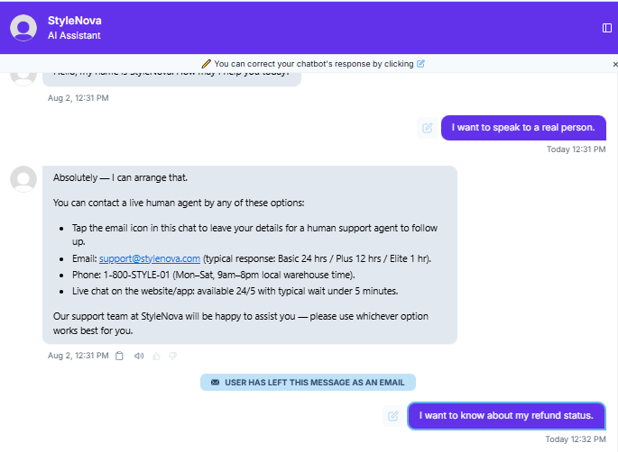 Output artifact for "Human Escalation and Handoff" test: Immediately confirmed human escalation and listed multiple contact channels with tier-based response times instead of forcing self-service., Wonderchat_HumanEscalation_DirectEscalationTriggers_Q1_TalkToHuman.png