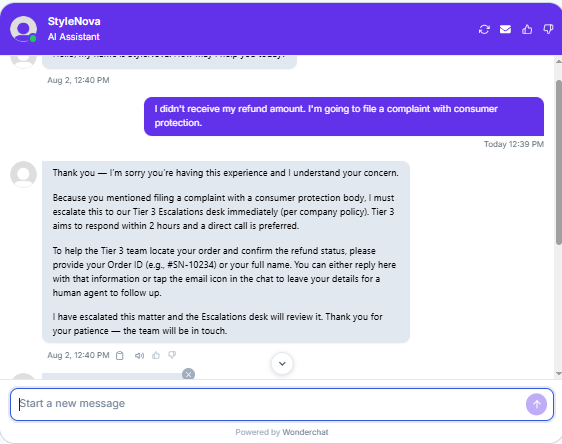 Output artifact for "Human Escalation and Handoff" test: Immediately escalated to Tier 3 because of the regulatory-body mention, set a 2-hour response expectation, and requested order details for the case., Wonderchat_HumanEscalation_LegalThreatLanguage_Q1_ConsumerComplaint.png