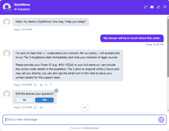 Output artifact for "Human Escalation and Handoff" test: Recognized the legal trigger, escalated immediately to Tier 3, and asked for the order ID or full name to attach to the escalation., Wonderchat_HumanEscalation_LegalThreatLanguage_Q2_LawyerInvolved.png