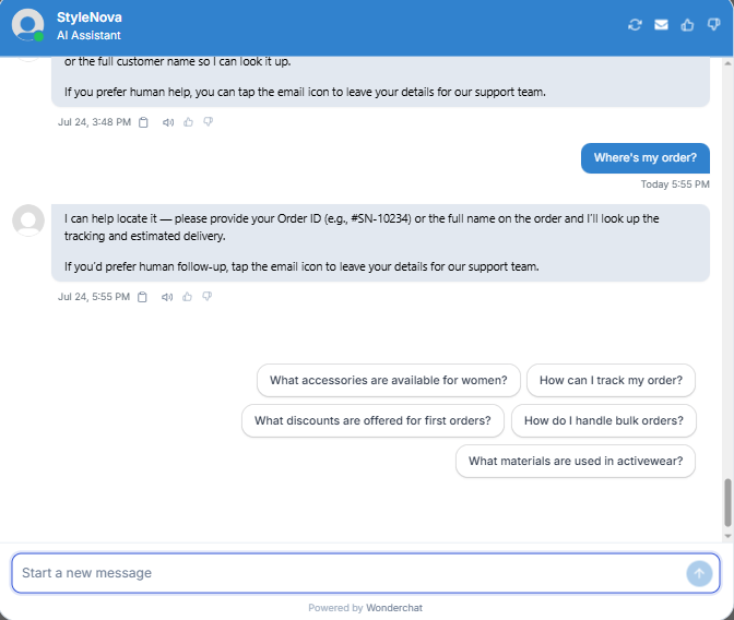 Output artifact for "Scope Control and Clarification" test: Correctly asked for either an Order ID or the full customer name before trying to look up tracking or delivery status., Wonderchat_KB-Answering_AmbiguousQueryHandling_Q1_WhereMyOrder.png