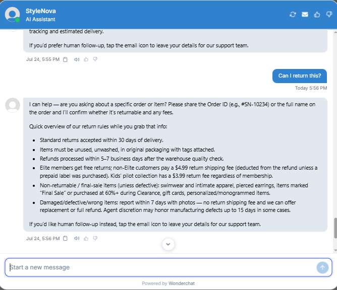 Output artifact for "Scope Control and Clarification" test: Recognized the ambiguity, asked whether the customer meant a specific order or item, and then surfaced the core return rules plus fee exceptions as immediate context., Wonderchat_KB-Answering_AmbiguousQueryHandling_Q2_CanIReturnThis.png