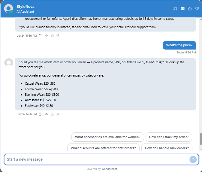 Output artifact for "Scope Control and Clarification" test: Asked which item, SKU, or order the customer meant, then offered category-level price ranges as a safe fallback rather than guessing., Wonderchat_KB-Answering_AmbiguousQueryHandling_Q3_WhatsThePrice.png
