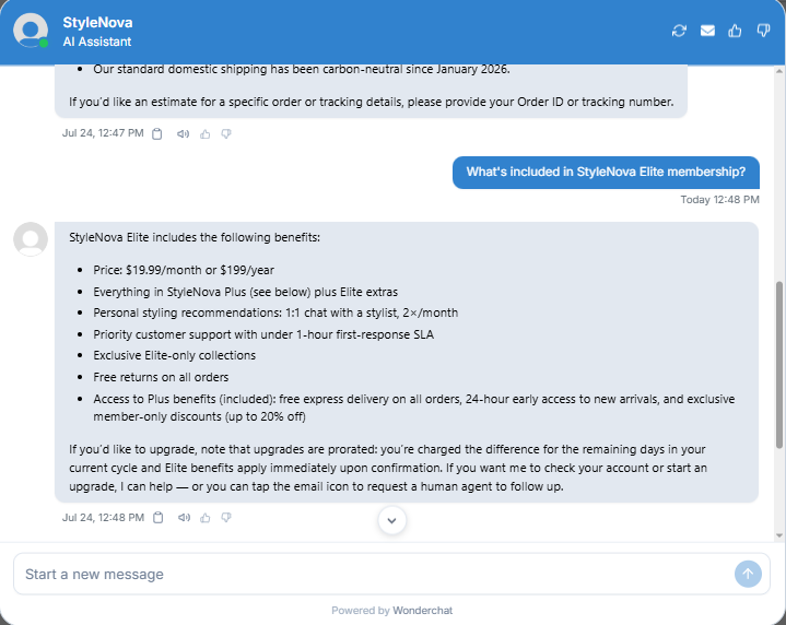 Output artifact for "Grounded Knowledge-Base Answering" test: Correctly explained Elite pricing and perks, rolled up the inherited Plus benefits, and proactively noted prorated upgrade billing with a human-agent follow-up option., Wonderchat_KB-Answering_BasicRetrieval_Q4_EliteMembershipInclusions.png