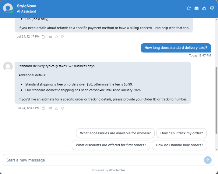 Output artifact for "Grounded Knowledge-Base Answering" test: Correctly answered 5–7 business days and included the free-shipping threshold plus the standard shipping fee when applicable., Wonderchat_KB-Answering_BasicRetrieval_Q3_StandardDeliveryTimeline.png