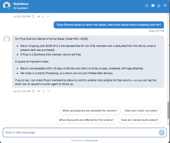 Output artifact for "Order Lookup and Policy-Aware Status Support" test: Correctly gave the return fee as conditional on membership tier, noted that the order was still Processing, and said the return could only be initiated after delivery., Wonderchat_KB-Answering_CrossDocReasoning_Q3_PriyaSharmaReturnShippingCost.png