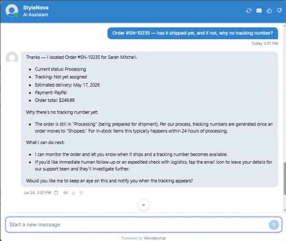 Output artifact for "Order Lookup and Policy-Aware Status Support" test: Correctly identified the order as Processing, explained why tracking was not yet assigned, and provided the full order snapshot plus follow-up actions., Wonderchat_KB-Answering_CrossDocReasoning_Q2_SN10235TrackingReason.png