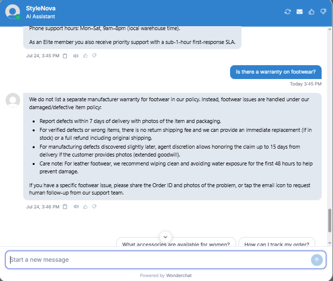 Output artifact for "Scope Control and Clarification" test: Correctly said there is no separate footwear warranty and redirected to the damaged/defective policy instead of inventing a warranty., Wonderchat_KB-Answering_HallucinationControl_Q4_FootwearWarranty.png