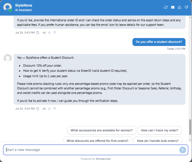 Output artifact for "Scope Control and Clarification" test: Accurately confirmed the student discount terms, including the exact percentage, verification method, yearly usage cap, and promo-stacking rule., Wonderchat_KB-Answering_HallucinationControl_Q2_StudentDiscount.png