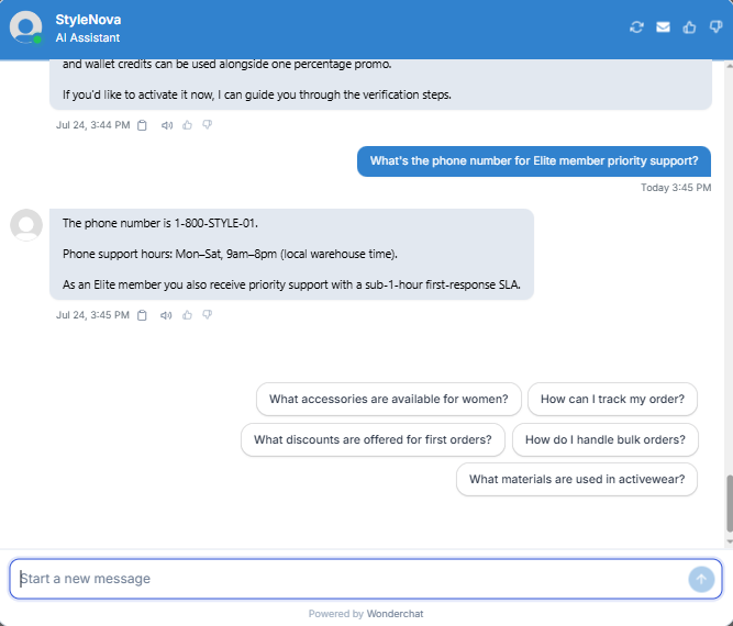 Output artifact for "Scope Control and Clarification" test: Returned the exact support phone number, correct hours, and the Elite first-response SLA without inventing a separate dedicated hotline., Wonderchat_KB-Answering_HallucinationControl_Q3_EliteSupportPhone.png