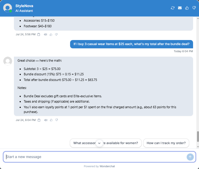 Output artifact for "Numerical Policy Calculations" test: Calculated the subtotal, applied the 15% discount correctly, and returned the final total of $63.75., Wonderchat_KB-Answering_NumericalCalculation_Q1_BundleDealMath.png