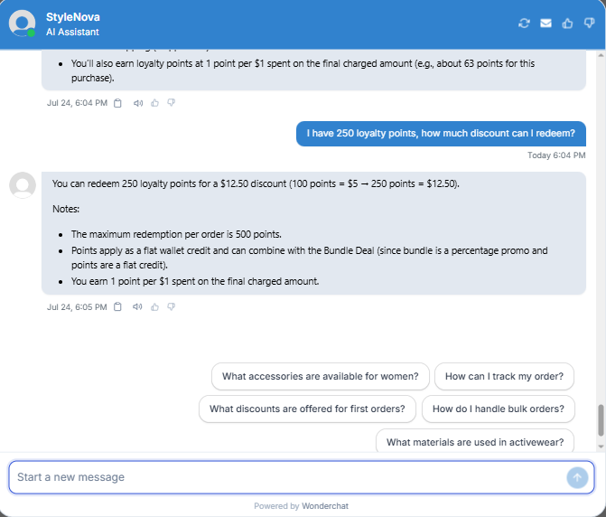 Output artifact for "Numerical Policy Calculations" test: Correctly converted 250 points into a $12.50 discount and noted the redemption cap plus stacking rules., Wonderchat_KB-Answering_NumericalCalculation_Q2_LoyaltyPointsRedemption.png