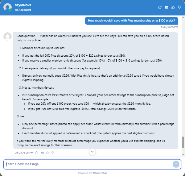Output artifact for "Numerical Policy Calculations" test: Gave a correct savings framework without overclaiming a flat amount, and compared discount savings against membership cost., Wonderchat_KB-Answering_NumericalCalculation_Q3_PlusMembershipSavings.png