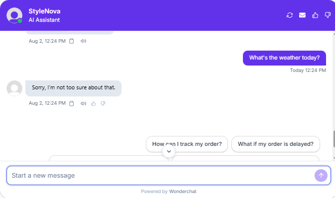 Output artifact for "Scope Control and Clarification" test: Refused the out-of-scope weather question and redirected attention toward support-related quick replies., Wonderchat_PersonaScopeEnforcement_OutOfScopeOffTopic_Q1_Weather.png