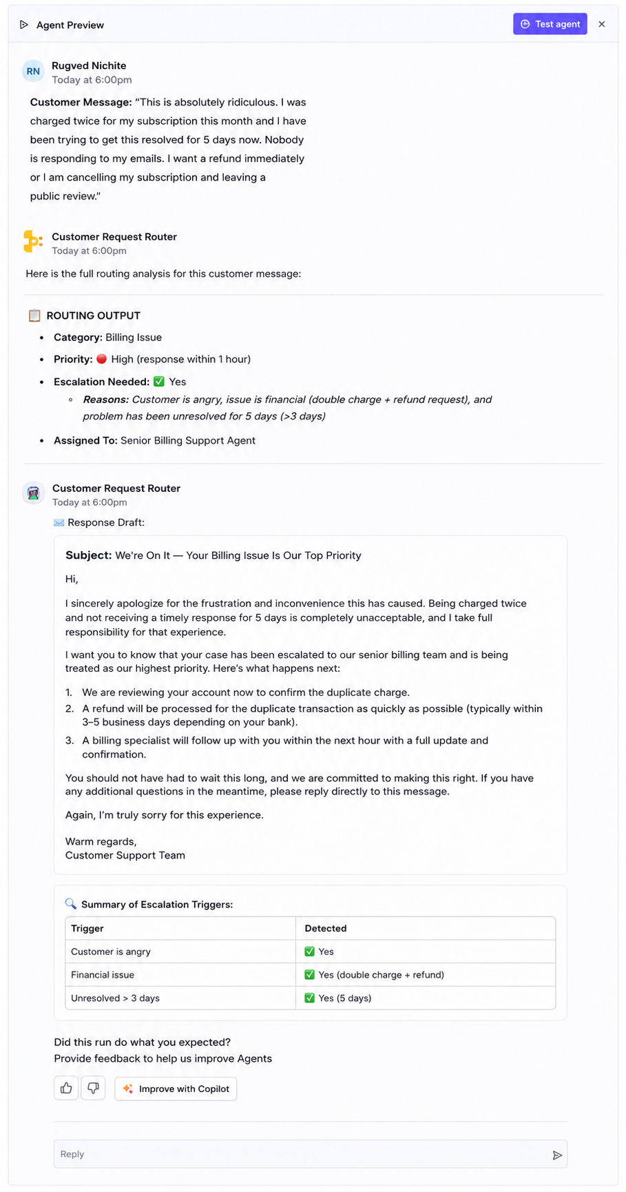 Output artifact for "Automated workflow generation" test: The agent classified the complaint as a billing issue, assigned High priority, escalated it to Senior Billing Support Agent, and drafted an empathetic reply. It also noted that the customer had been waiting 5 days and was threatening cancellation and a public review., image-11.png