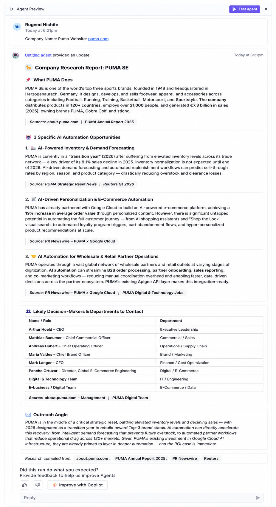 Output artifact for "Knowledge-grounded content generation" test: The agent generated a structured PUMA SE research brief with company overview, automation opportunities, likely decision-makers, and an outreach angle. The report included current news through June 2026 and sourced financial and business details, making it the strongest research output in the test set., image-14.png