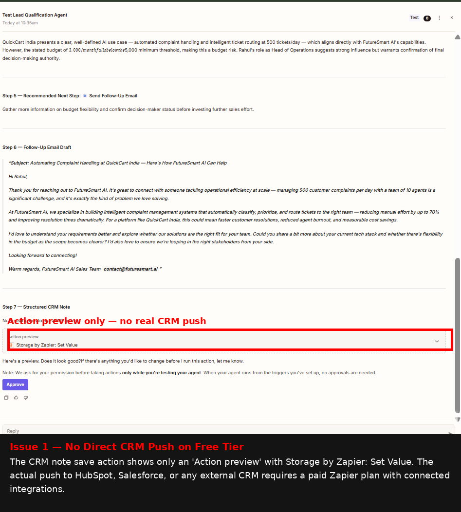 Output artifact for "Automated workflow generation" test: The agent staged the CRM note as a Zapier storage action preview rather than a live CRM write. The output shows the structured note and the action preview, but on the free tier it remains chat-side rather than being pushed into a connected CRM., image-22.png