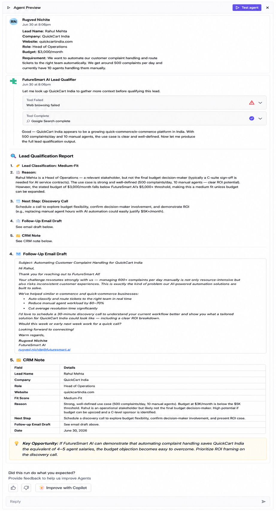 Output artifact for "Automated workflow generation" test: The agent returned a structured lead qualification report with extracted lead fields, a Medium-Fit verdict, a follow-up email draft, and a CRM note. It treated the budget as below the ICP threshold, recognized the business problem as clearly defined, and marked the lead as a moderate fit rather than a clear win., image-3.png
