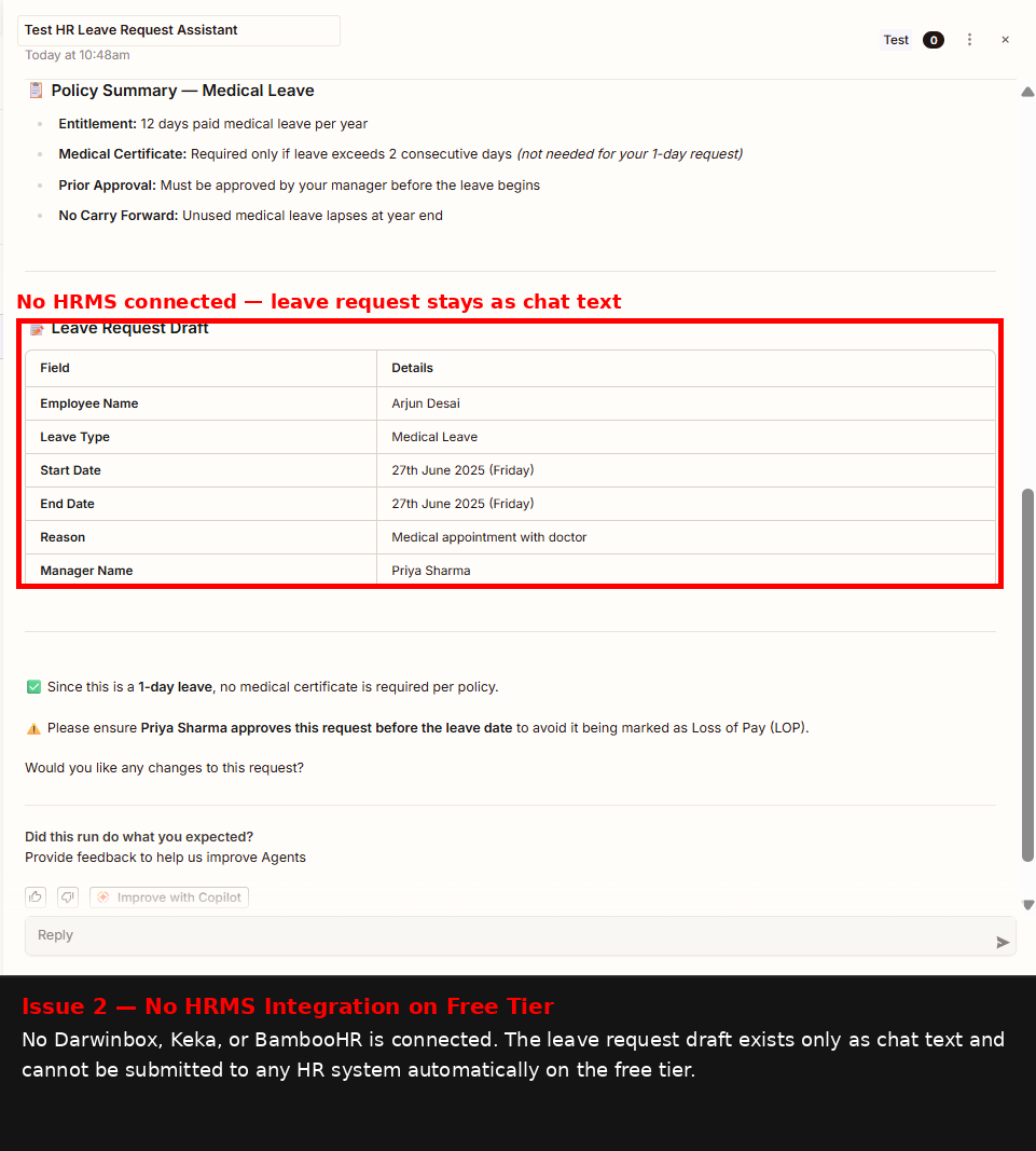 Output artifact for "Knowledge-grounded content generation" test: The agent produced a policy summary and a leave request draft in the same chat response. It said medical leave provides 12 paid days per year, that a medical certificate is not required for a 1-day request, that manager approval is required before the leave begins, and that unused leave lapses at year end. The leave request stayed as chat text because no HRMS was connected., image-9.png
