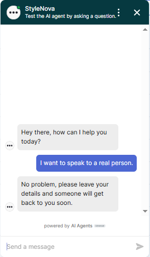 Output artifact for "Human Escalation and Ticket-Style Handoff" test: The bot immediately handed the conversation off and asked the user to leave their details. It honored the explicit human request without trying to keep the user in the bot flow., Zendesk_HumanEscalation_DirectEscalationTriggers_Q1_TalkToHuman.png