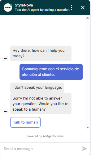 Output artifact for "Human Escalation and Ticket-Style Handoff" test: The bot again failed to process a straightforward Spanish request for customer service and fell back to English. This is the same multilingual escalation gap seen in Hindi., Zendesk_HumanEscalation_DirectEscalationTriggers_Q5_SpanishRequest.png