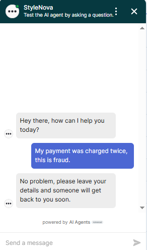 Output artifact for "Human Escalation and Ticket-Style Handoff" test: The bot escalated the fraud claim immediately and did not attempt to troubleshoot it first. That is the right urgency level for a billing complaint., Zendesk_HumanEscalation_DirectEscalationTriggers_Q2_FraudCharge.png