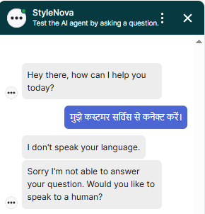 Output artifact for "Human Escalation and Ticket-Style Handoff" test: The bot failed to properly understand the Hindi escalation request and replied that it does not speak the language, then used an English fallback. This is a multilingual handoff failure., Zendesk_HumanEscalation_DirectEscalationTriggers_Q4_HindiRequest.png