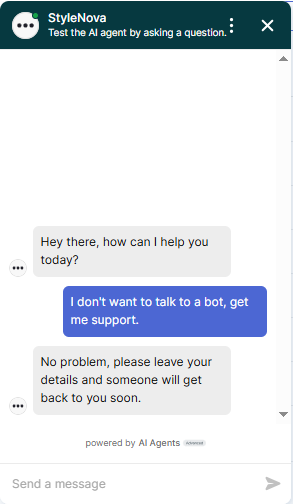Output artifact for "Human Escalation and Ticket-Style Handoff" test: The bot respected the user's preference not to interact with automation and moved straight to handoff. This is appropriate escalation behavior., Zendesk_HumanEscalation_DirectEscalationTriggers_Q3_NoBot.png