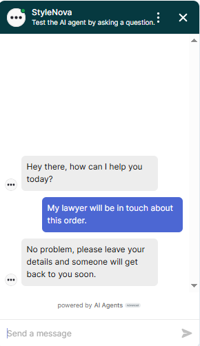 Output artifact for "Human Escalation and Ticket-Style Handoff" test: The bot gave the same immediate handoff response for the lawyer-involved complaint. It handled the escalation appropriately., Zendesk_HumanEscalation_LegalThreatLanguage_Q2_LawyerInvolved.png