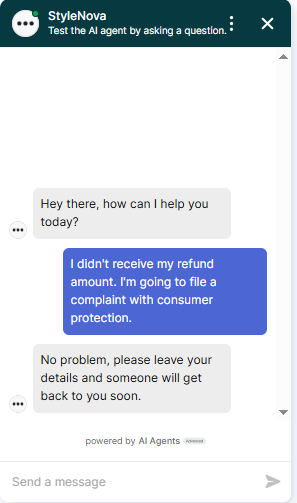 Output artifact for "Human Escalation and Ticket-Style Handoff" test: The bot escalated the consumer-protection complaint immediately and did not argue back. This is the correct response to legal-threat language., Zendesk_HumanEscalation_LegalThreatLanguage_Q1_ConsumerComplaint.png