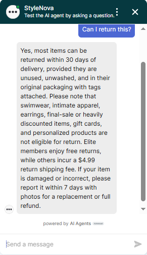 Output artifact for "Ambiguity Clarification and Follow-Up Handling" test: The bot gave a complete general return-policy answer, including the standard window, exclusions, Elite free returns, the non-Elite fee, and the damaged-item exception. It handled the ambiguity well without needing immediate clarification., Zendesk_KB-Answering_AmbiguousQueryHandling_Q2_CanReturn.png