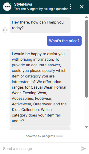 Output artifact for "Ambiguity Clarification and Follow-Up Handling" test: The bot asked the user to specify the item or category and listed the available pricing categories. This is the right way to handle an underspecified price question., Zendesk_KB-Answering_AmbiguousQueryHandling_Q3_WhatPrice.png