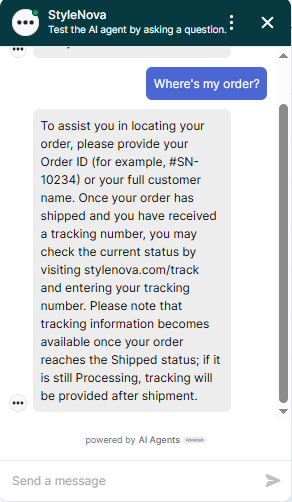Output artifact for "Ambiguity Clarification and Follow-Up Handling" test: The bot asked for an Order ID or full customer name and explained how tracking works once an order has shipped. This is a correct clarification flow for an ambiguous lookup request., Zendesk_KB-Answering_AmbiguousQueryHandling_Q1_WhereOrder.png