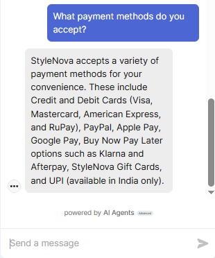 Output artifact for "Knowledge-base Grounded Support Answers" test: The bot listed the accepted payment methods, including cards, PayPal, Apple Pay, Google Pay, BNPL options, gift cards, and UPI in India only. This is correct and geographically scoped properly., Zendesk_KB-Answering_BasicRetrieval_Q2_PaymentMethods.png