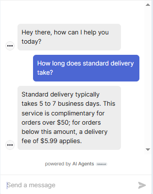 Output artifact for "Knowledge-base Grounded Support Answers" test: The bot said standard delivery takes 5 to 7 business days and correctly added the free-shipping threshold and below-threshold fee. This is accurate and useful., Zendesk_KB-Answering_BasicRetrieval_Q3_StandardDelivery.png