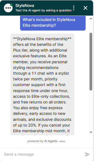 Output artifact for "Knowledge-base Grounded Support Answers" test: The bot correctly described Elite membership benefits, including stylist chat, priority support, free returns, free express delivery, early access, and discounts up to 20%. This is comprehensive., Zendesk_KB-Answering_BasicRetrieval_Q4_EliteMembership.png