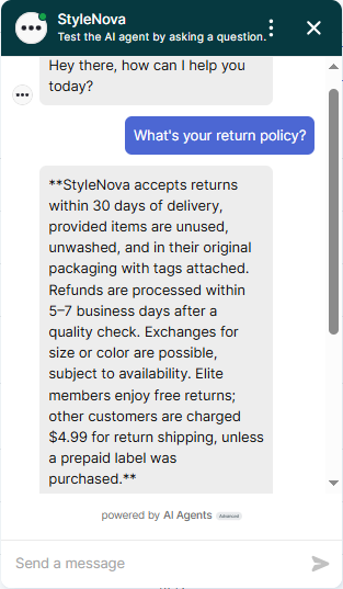 Output artifact for "Knowledge-base Grounded Support Answers" test: The bot correctly stated the 30-day return window, condition requirements, refund timing, exchange availability, and Elite-vs-non-Elite return shipping fees. This matches the knowledge base., Zendesk_KB-Answering_BasicRetrieval_Q5_ReturnPolicy.png