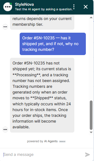 Output artifact for "Cross-Document Order and Customer Reasoning" test: The bot correctly said the order is still Processing, has not shipped yet, and therefore has no tracking number. It also explained that tracking appears once the order moves to Shipped status., Zendesk_KB-Answering_CrossDocReasoning_Q2_OrderSN10235.png