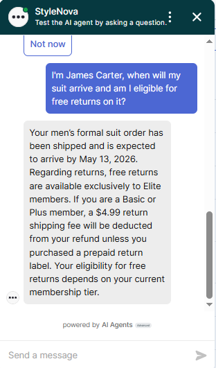 Output artifact for "Cross-Document Order and Customer Reasoning" test: The bot gave a generic policy answer about free returns for Elite members but did not resolve James Carter's actual membership tier. It handled the policy text correctly, but the customer-specific lookup remained incomplete., Zendesk_KB-Answering_CrossDocReasoning_Q1_JamesCarterOrder.png
