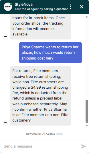 Output artifact for "Cross-Document Order and Customer Reasoning" test: The bot gave the conditional return-shipping answer correctly but asked for Priya Sharma's membership status instead of resolving it from records. It avoided guessing, but left the question unresolved., Zendesk_KB-Answering_CrossDocReasoning_Q3_PriyaSharmaReturn.png
