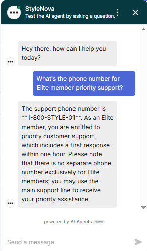 Output artifact for "Knowledge-base Grounded Support Answers" test: The bot gave the main support number and correctly clarified that there is no separate Elite-only phone line. This avoids fabricating a dedicated number., Zendesk_KB-Answering_HallucinationControl_Q3_ElitePhoneNumber.png