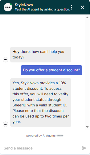 Output artifact for "Knowledge-base Grounded Support Answers" test: The bot confirmed a 10% student discount, explained SheerID verification with a valid student ID, and stated the discount can be used twice per year. This is correct., Zendesk_KB-Answering_HallucinationControl_Q2_StudentDiscount.png