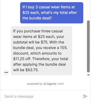 Output artifact for "Discount and Savings Calculations" test: The bot calculated the subtotal as $75, applied the 15% bundle discount, and arrived at a final total of $63.75. The math is correct and shown clearly., Zendesk_KB-Answering_NumericalCalculation_Q1_BundleDeal.png
