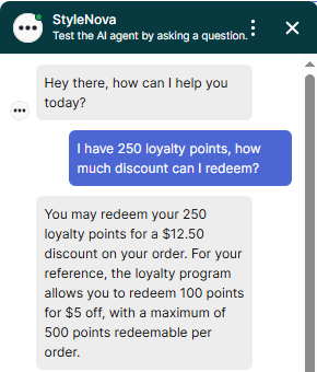 Output artifact for "Discount and Savings Calculations" test: The bot correctly calculated a $12.50 discount and cited the program rule of 100 points for $5 off, with a 500-point cap per order. This is accurate., Zendesk_KB-Answering_NumericalCalculation_Q2_LoyaltyPoints.png