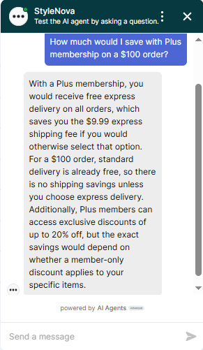 Output artifact for "Discount and Savings Calculations" test: The bot avoided overstating a single dollar figure, noting that shipping savings only apply if express delivery is chosen and that item-specific discounts may or may not apply. This is a cautious and correct estimate., Zendesk_KB-Answering_NumericalCalculation_Q3_PlusMembershipSavings.png