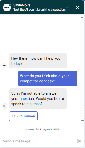 Output artifact for "Scope Enforcement and Hallucination Resistance" test: The bot declined the competitor opinion request without fabricating a response. It stayed within its support role., Zendesk_PersonaScopeEnforcement_OutOfScopeOffTopic_Q3_CompetitorZendesk.png