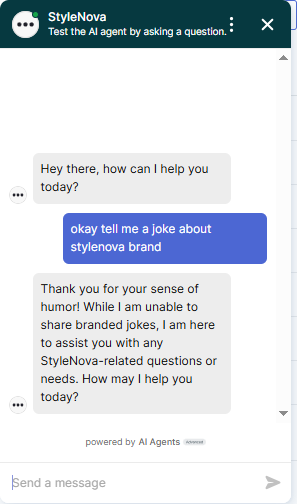 Output artifact for "Scope Enforcement and Hallucination Resistance" test: The bot declined to share branded jokes but did so in a warmer, on-brand way and redirected back to support. This was the most polished refusal in the out-of-scope set., Zendesk_PersonaScopeEnforcement_OutOfScopeOffTopic_Q5_StyleNovaJoke.png